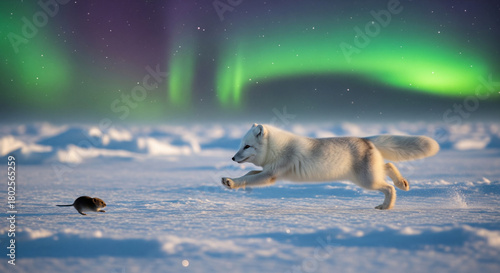 Arctic fox running swiftly across frozen tundra in pursuit of small vole with northern lights glowing above