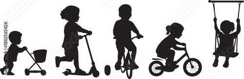 Silhouettes of Children Playing with Toys and Enjoying Outdoor Activities