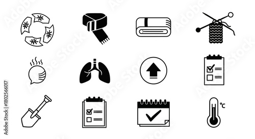 Winter essentials: warm clothing, health icons, household items, and more