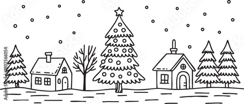 Winter landscape with houses and Christmas tree hand drawn illustration