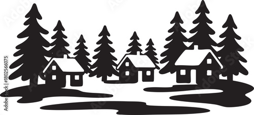 Winter landscape silhouette with houses and trees in monochrome design