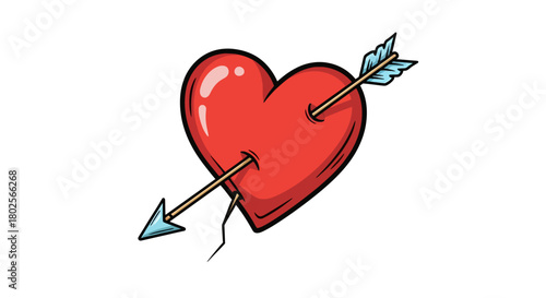 Cartoon heart pierced by arrow: romantic love and valentine's day symbol