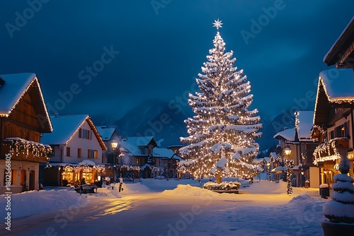Fototapeta Naklejka Na Ścianę i Meble -  A snowy Christmas market with small vendor huts and a brightly lit Christmas tree in the center 