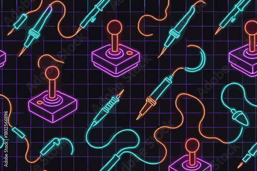Seamless neon joystick and soldering tool pattern on grid