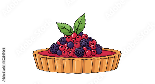 Colorful berry tart with fresh leaves on top
