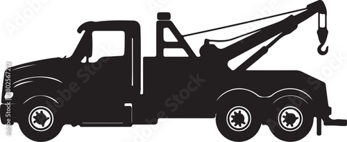 Black Silhouette of a Heavy Duty Tow Truck with Dual Rear Axles and Crane towing vehicle on transparent background