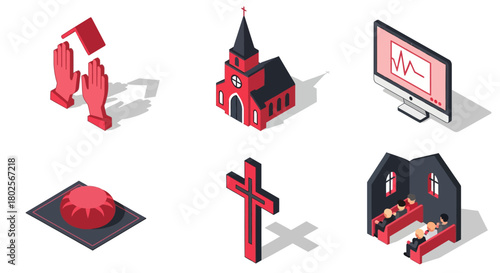 Isometric church icons: spiritual symbols with 3d red and black design