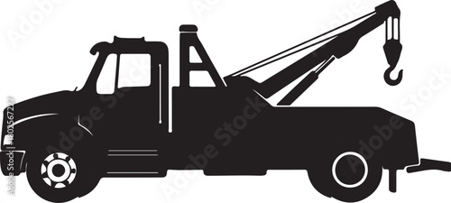 Black Silhouette of a Tow Truck with Crane and Hook towing vehicle on transparent background