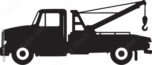 Black silhouette of a vintage tow truck with a crane arm wrecker towing vehicle on transparent background