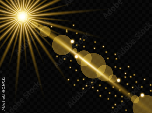 Golden light effect with lens flare and bokeh on a transparent background, creating a magical and dreamy atmosphere for design projects