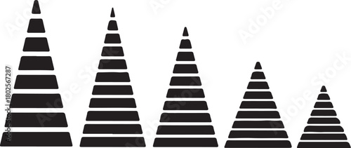 Five Black Tapered Geometric Shapes Arranged in Descending Order of Size on White Background cone pyramid on transparent background