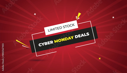 cyber monday deals limited stock web banner vector art template design badge icon label black gray white shapes yellow bold text dark red light sun shine abstract business background style mix set