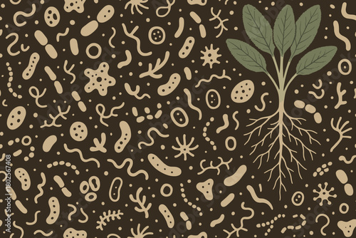 Root system and soil microbes seamless scientific pattern
