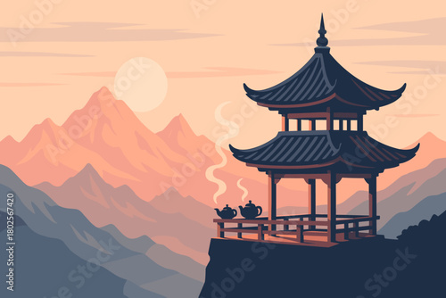 Mountain pagoda at sunrise with steaming teapots