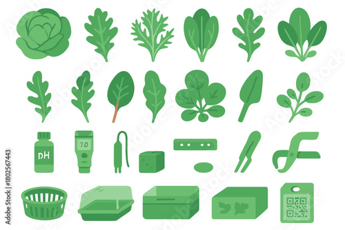 Leafy greens and hydroponic farming equipment icon set