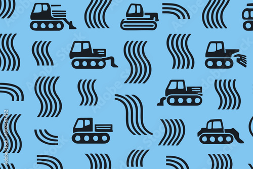 Seamless pattern of black construction vehicles and motion lines on a blue background