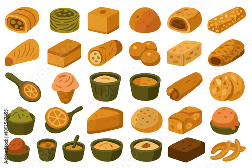 Indian desserts and snacks icon set – sweets, treats & bites