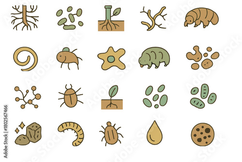 Microorganisms and soil life icon set with earthy tones