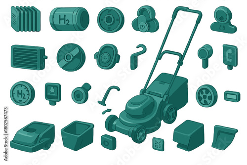 Hydrogen-powered lawn mower components icon set