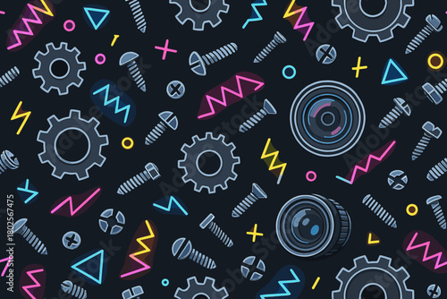 Seamless pattern of mechanical parts and neon geometric shapes on a dark background