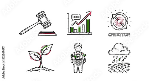Business growth and sustainability symbols in hand-drawn style