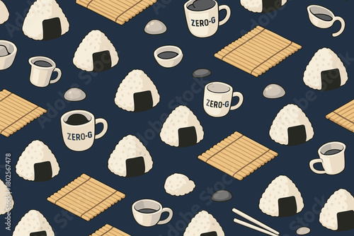 Seamless pattern with onigiri, coffee cups, and bamboo mats on navy background