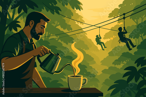 Jungle zipline adventure with fresh coffee brewing