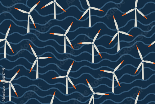 Seamless pattern of offshore wind turbines on wavy ocean