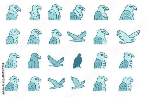 Stylized hawk and eagle icon set with flying and perched poses