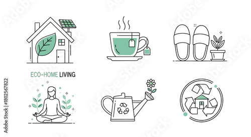 Sustainable home lifestyle icons emphasizing eco-friendly living and mindfulness