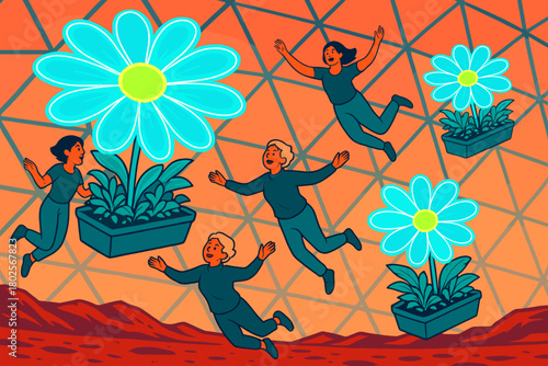 People floating near glowing flowers in futuristic dome