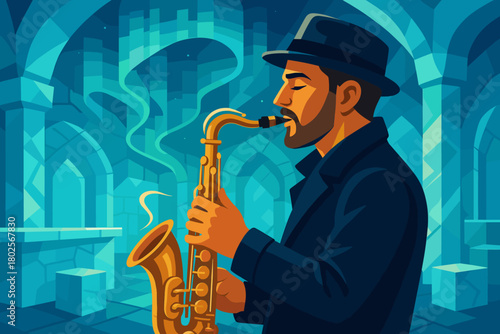 Jazz musician playing saxophone in moody blue setting