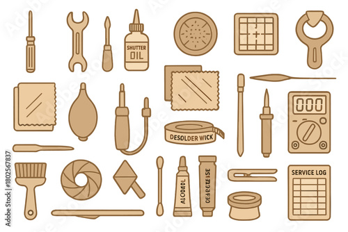 Camera repair and maintenance tool icon set