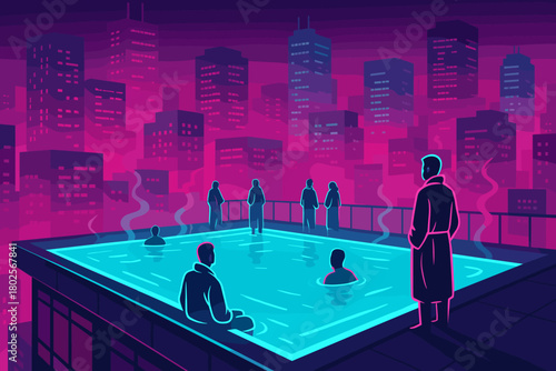 Rooftop hot spring in neon-lit cityscape