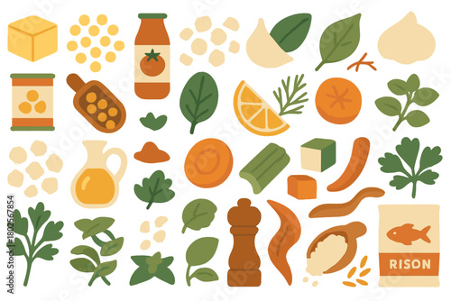 Rustic cooking ingredients and herb icon collection