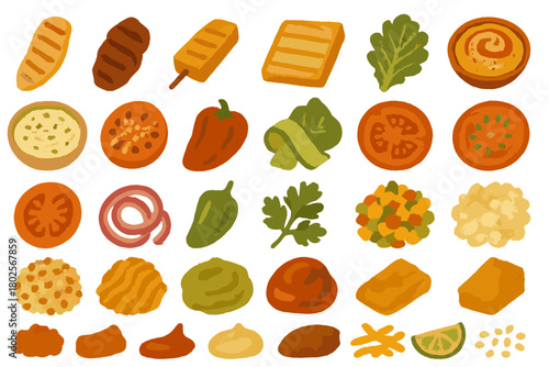 Watercolor food ingredient icons for sandwiches and salads