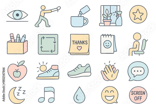 Pastel-colored daily wellness and classroom habit icons