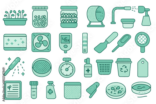 Microgreens lab equipment and germination icons
