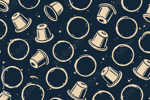 Seamless coffee capsule and ring stain pattern on dark background