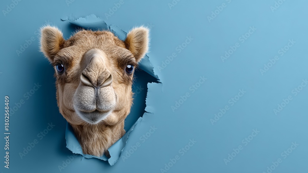Obraz premium Close up of a camel's face peeking out from a hole in a blue background. Concept of curiosity and wonder as the camel's gaze is directed towards the viewer. The blue background adds a calming