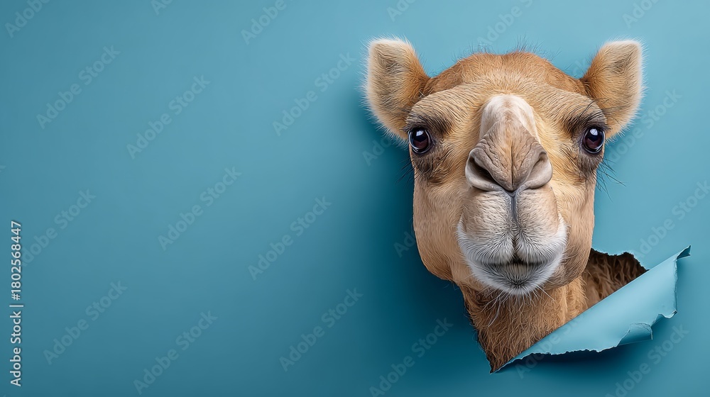 Obraz premium Close up of a camel's face peeking out from behind a paper. The image has a playful and whimsical mood, as the camel's face is the main focus and the paper adds an element of surprise and curiosity