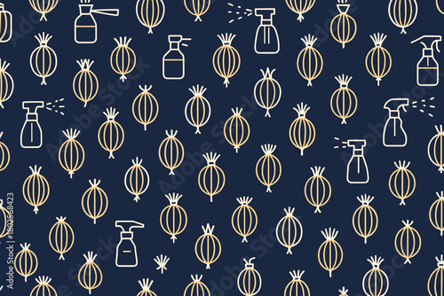 Seamless spray bottle and poppy pod pattern on dark blue background