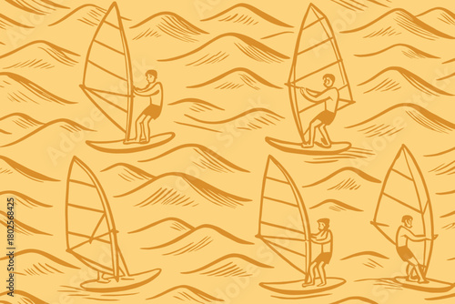 Seamless pattern of windsurfers on stylized ocean waves in monochrome palette