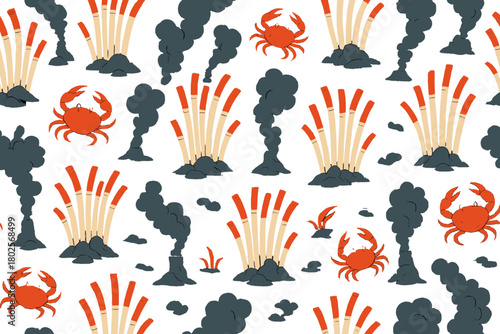 Seamless hydrothermal vent pattern with crabs and smoke