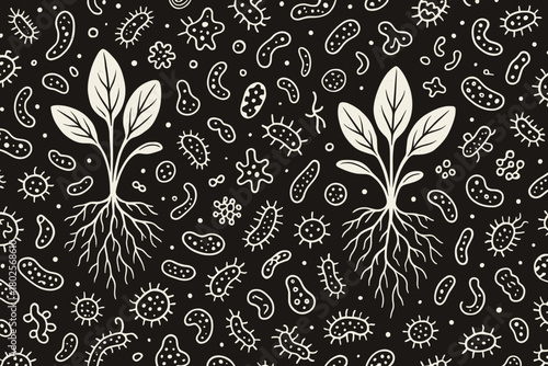 Seamless pattern of plant roots and soil microorganisms