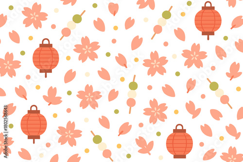Seamless cherry blossom pattern with lanterns and dango