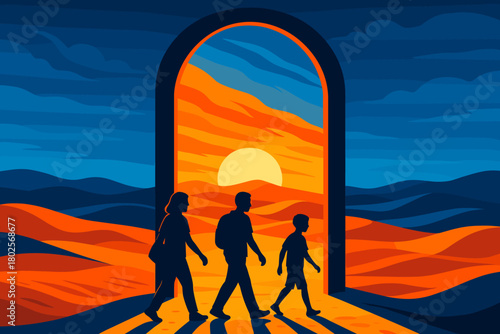 Silhouetted family walking through doorway to vibrant sunset