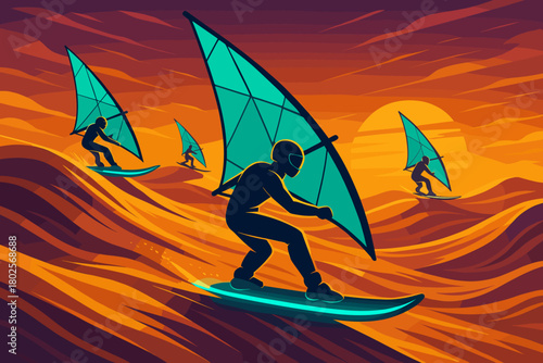 Futuristic windsurfers riding waves at sunset illustration