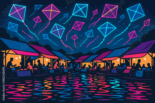 Floating night market with glowing kites in the sky – festive waterfront illustration