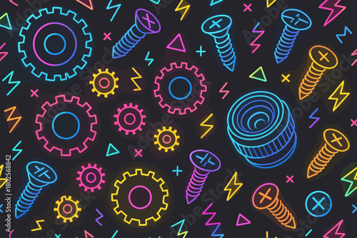 Neon seamless pattern with gears, screws, and tools on black